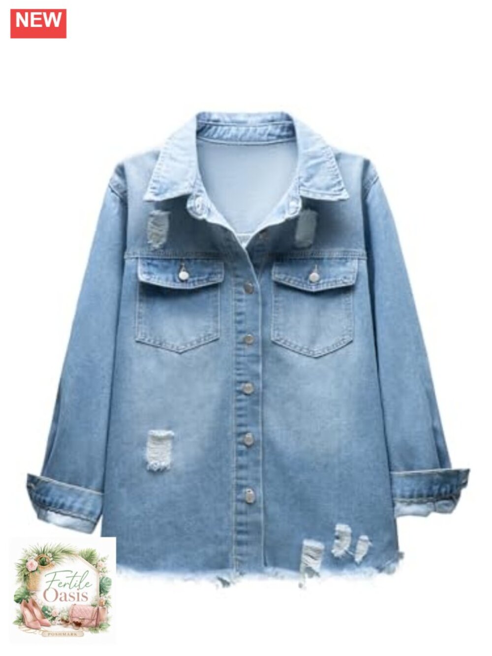 Oversized Distressed Denim Jacket Long Sleeve Frayed Hem Shacket - Picture 3 of 5